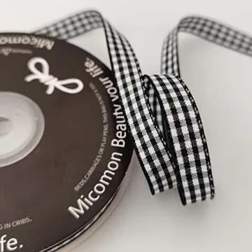 Micomon Buffalo Check Ribbon Black and White Gingham Ribbon 25 Yards for Crafts (3/8", Black)