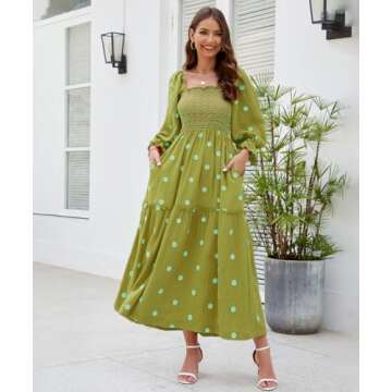 ABYOVRT Women Floral Embroidered Maxi Dress Long Puff Sleeve Square Neck Bohemian Flowy Dress with P...