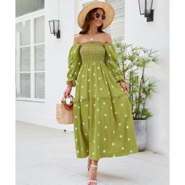 ABYOVRT Women Floral Embroidered Maxi Dress Long Puff Sleeve Square Neck Bohemian Flowy Dress with Pockets Smocked Fall Dress (Green,L)