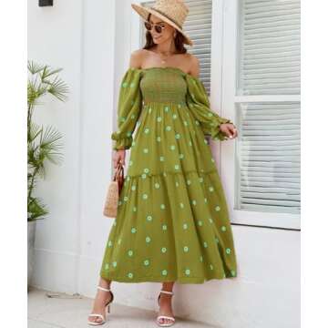 ABYOVRT Women Floral Embroidered Maxi Dress Long Puff Sleeve Square Neck Bohemian Flowy Dress with Pockets Smocked Fall Dress (Green,L)