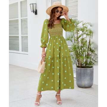 ABYOVRT Women Floral Embroidered Maxi Dress Long Puff Sleeve Square Neck Bohemian Flowy Dress with Pockets Smocked Fall Dress (Green,L)