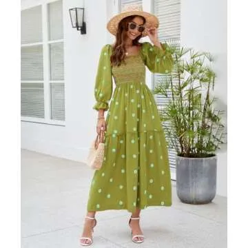 ABYOVRT Women Floral Embroidered Maxi Dress Long Puff Sleeve Square Neck Bohemian Flowy Dress with Pockets Smocked Fall Dress (Green,L)