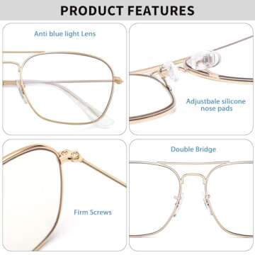 JM Aviator Computer Blue Light Blocking Glasses, Square Eye Protect Video Eyeglasses Anti Glare Men Women (Gold Frame Clear Temple Tips)
