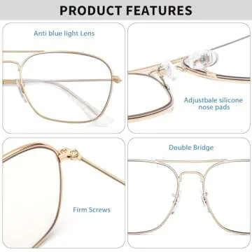 JM Aviator Computer Blue Light Blocking Glasses, Square Eye Protect Video Eyeglasses Anti Glare Men Women (Gold Frame Clear Temple Tips)