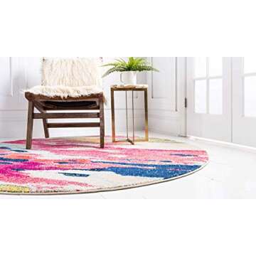 Unique Loom Estrella Collection Light Colors, Abstract, Modern, Vibrant Area Rug, 8 ft x 8 ft, Pink/Ivory