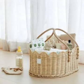 BEBE BASK Premium Nursery Bundle - Baby Changing Basket & Baby Diaper Caddy Organizer - Scalloped Baskets - Scalloped Edge