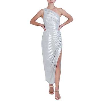 BCBGMAXAZRIA One Shoulder Sunburst Maxi Dress - Silver