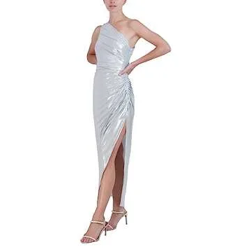 BCBGMAXAZRIA One Shoulder Sunburst Maxi Dress - Silver