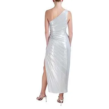 BCBGMAXAZRIA One Shoulder Sunburst Maxi Dress - Silver