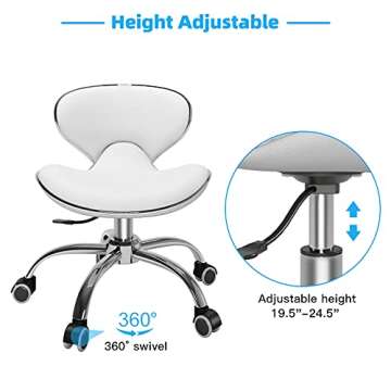 Minewill Pedicure Stools for Nail Tech,Short Height Adjustable Stool Swivel Chair for Salon,Spa,Massage,Tattoo,Esthetician,Shop,Kitchen(White)