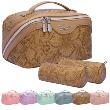 Travel Makeup Bags Cosmetic Organizer Bag: 3-Set Large Capacity Make up Bag - PU Leather Toiletry Ba...