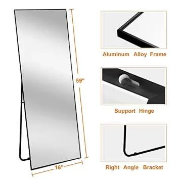 NeuType Full Length Mirror, 59"x16" Full Body Mirror with Stand Floor Mirror Full Length Standing Mirror Wall-Mounted Mirror Hanging or Leaning Against Wall Aluminum Alloy Thin Frame (Black)