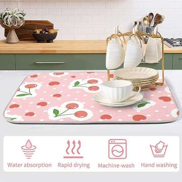 Seorsok Green Leave Dish Drying Mat For Kitchen Counter,Coffee Bar,Ultra Absorbent Reversible Microfiber,Absorbent Fast Kitchen Accessories Dish Drainer Rack Mats 18 In x 24 In