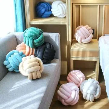 XHJRI Soft Knot Ball Pillows， Round Ball Cushion Pillows, Kids Room Decoration Plush Pillow Girl Photography Props， Throw Knotted Pillow Handmade (Light Khaki, 8.6 Inch)