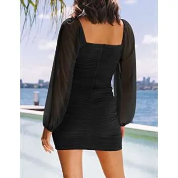 ZESICA Women's Sexy V Neck Ruched Bodycon Mini Dress Puff Long Sleeve Cocktail Wedding Party Short Dresses,Black,Large