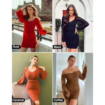 ZESICA Women's Sexy V Neck Ruched Bodycon Mini Dress Puff Long Sleeve Cocktail Wedding Party Short Dresses,Black,Large