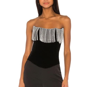 FOSUEIT Women's Tassel Rhinestone Bustier Crop Top for Fashion Nights Out (Black, Small)
