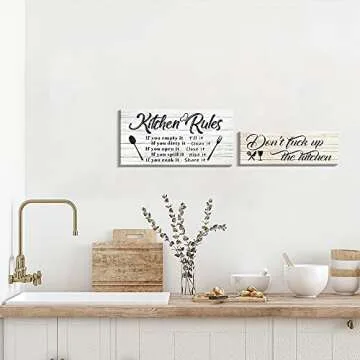 Pinetree Art Kitchen Rules Wall Decor Funny Inspirational Quote Canvas Print Art Modern Rustic Farmhouse Kitchen Decorative (8X16 Inch, set-w&y-s)