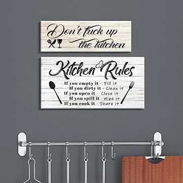 Pinetree Art Kitchen Rules Wall Decor Funny Inspirational Quote Canvas Print Art Modern Rustic Farmhouse Kitchen Decorative (8X16 Inch, set-w&y-s)