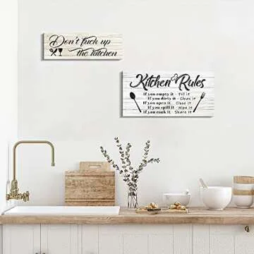 Pinetree Art Kitchen Rules Wall Decor Funny Inspirational Quote Canvas Print Art Modern Rustic Farmhouse Kitchen Decorative (8X16 Inch, set-w&y-s)