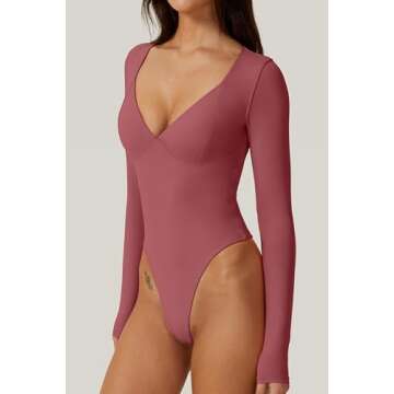QINSEN Long Sleeve Bodysuit for Women Double Lined V Neck High Cut T Shirt Bodycon Tops Merlot M