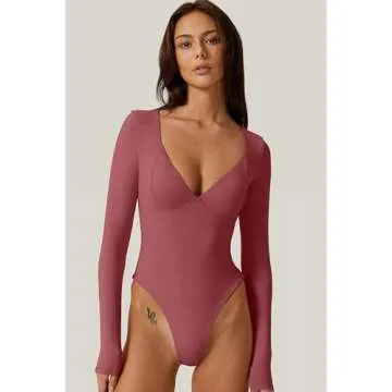 QINSEN Long Sleeve Bodysuit for Women Double Lined V Neck High Cut T Shirt Bodycon Tops Merlot M