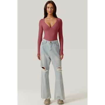 QINSEN Long Sleeve Bodysuit for Women Double Lined V Neck High Cut T Shirt Bodycon Tops Merlot M