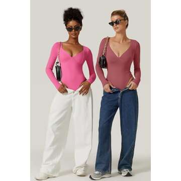 QINSEN Long Sleeve Bodysuit for Women Double Lined V Neck High Cut T Shirt Bodycon Tops Merlot M