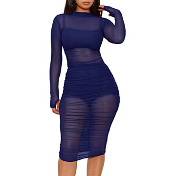 Atyfuniby Women's Sexy 3 Piece Outfits Three Pc See Through Sheer Mesh Ruched Midi Dresses Cover Ups...