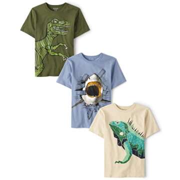 The Children's Place Boys' Short Sleeve Graphic T-Shirt 3-Pack, T-Rex/Chameleon/Shark Attack, X-Large
