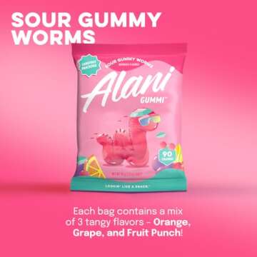 Alani Gummis Sour Gummy Worms Low Sugar Gummy Candy (6G) | 90 Calories per Bag | On-The-Go Snacks | Gluten Free | 6G of Fiber | Naturally Flavored | Pack of 12