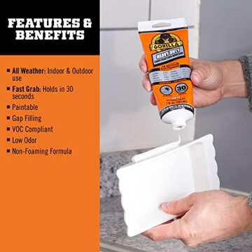 Gorilla Heavy Duty Construction Adhesive, 7 Ounce Squeeze Tube, White, (Pack of 1)