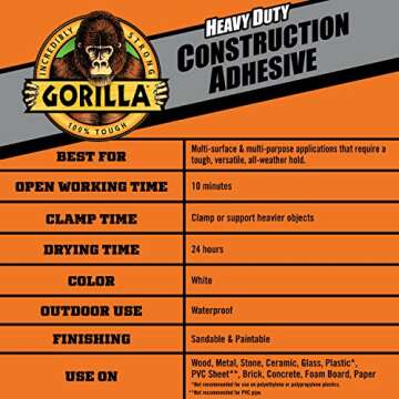 Gorilla Heavy Duty Construction Adhesive, 7 Ounce Squeeze Tube, White, (Pack of 1)