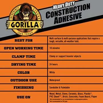 Gorilla Heavy Duty Construction Adhesive, 7 Ounce Squeeze Tube, White, (Pack of 1)