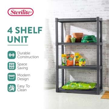 Sterilite 4-Shelf Plastic Storage Rack, Heavy Duty Shelving Unit for Garage, Gray