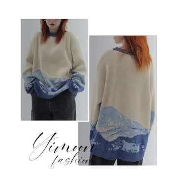 Yimoon Men Sweaters Oversized Graphic Casual Cable Knitted Jumper Pullover Cute Unisex Crewneck Retro Couple Tops (Blue-S)