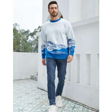 Yimoon Men Sweaters Oversized Graphic Casual Cable Knitted Jumper Pullover Cute Unisex Crewneck Retro Couple Tops (Blue-S)