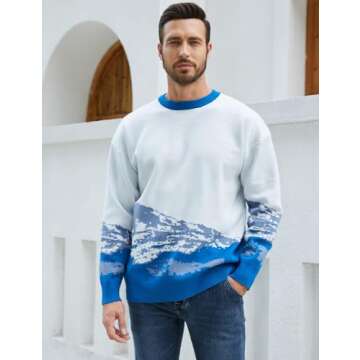 Yimoon Men Sweaters Oversized Graphic Casual Cable Knitted Jumper Pullover Cute Unisex Crewneck Retro Couple Tops (Blue-S)