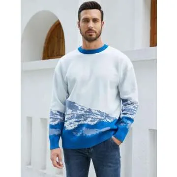 Yimoon Men Sweaters Oversized Graphic Casual Cable Knitted Jumper Pullover Cute Unisex Crewneck Retro Couple Tops (Blue-S)