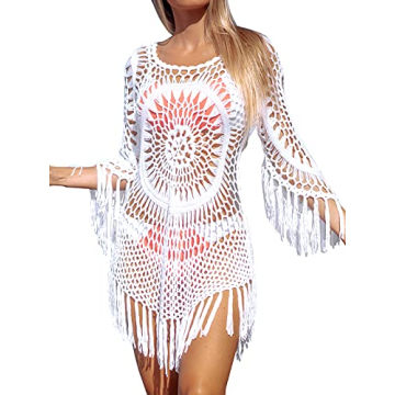CUPSHE Women's White Crochet Swimsuit Cover Up with Tassel