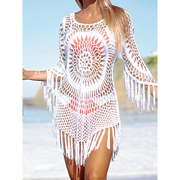CUPSHE Women's White Crochet Swimsuit Cover Up with Tassel
