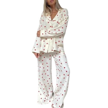codcm Womens Pajama Set Cute Heart Print Long Sleeve PJs