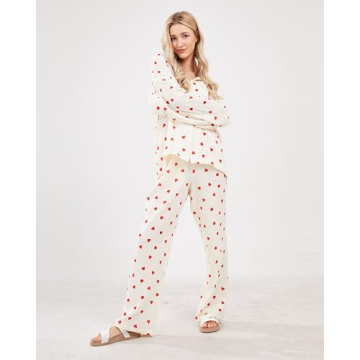 codcm Womens Pajama Set Cute Heart Print Long Sleeve PJs