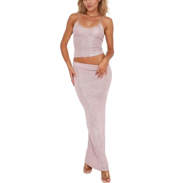 Naileksi Women Sexy Glitter Knit 2 Piece Outfits Sequin Slim Fit Crop Cami Top Sparkle Maxi Bodycon ...