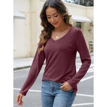 AUTOMET Womens Long Sleeve Shirts V Neck Casual Tops Loose Dressy Basic Fall Fashion Trendy Outfits Winter Clothes Wine Red M