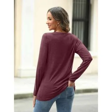 AUTOMET Womens Long Sleeve Shirts V Neck Casual Tops Loose Dressy Basic Fall Fashion Trendy Outfits Winter Clothes Wine Red M