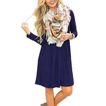 AUSELILY Women's Long Sleeve Dress Pleated Loose Swing Casual Dress with Pockets Knee Length Dresses...