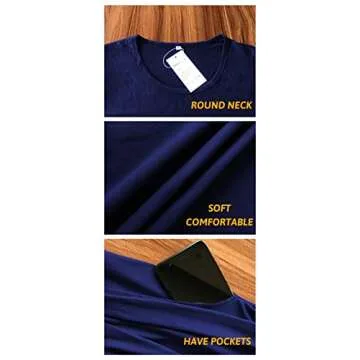 AUSELILY Women's Long Sleeve Dress Pleated Loose Swing Casual Dress with Pockets Knee Length Dresses 2025 New Navy Blue M