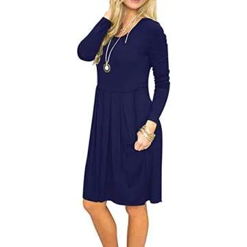 AUSELILY Women's Long Sleeve Dress Pleated Loose Swing Casual Dress with Pockets Knee Length Dresses 2025 New Navy Blue M