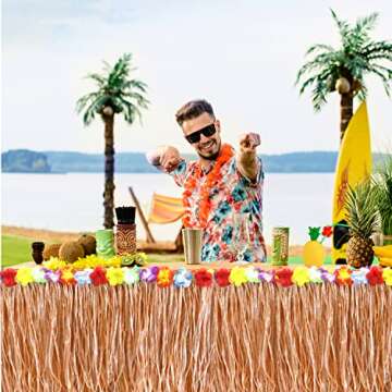 GiftExpress 9 Feet x 29" Luau Grass Table Skirt - Hawaiian Theme Party Party Skirt with Hibiscous Fl...